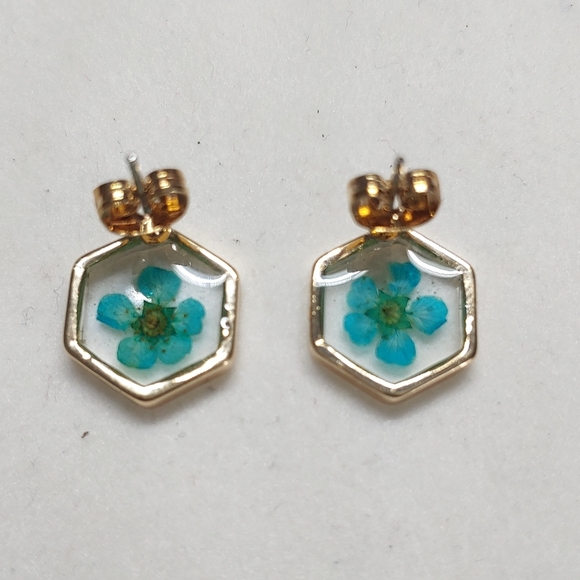Earrings Rose Gold Color Hexagon w/ Dried Teal Flo - Picture 3 of 3